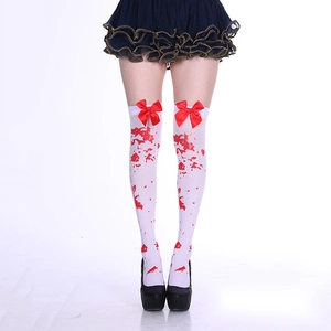 White thigh-high blood-splattered socks with red satin bows for Halloween cosplay