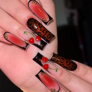 Long Coffin Press On Nails Leopard Print Red Gradient French Tip Black Border 3D Cherry Charms Gold Beads Fashion Women