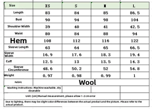 Detailed size chart for wool blend double-breasted short coat with precise measurements