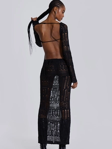 Elegant black crochet backless maxi dress with long sleeves and hollow-out detailing