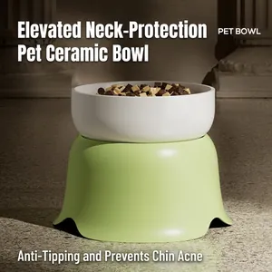 Elevated ceramic pet bowl with light green non-slip base for cat and dog neck protection