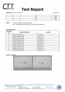 Official compliance report and chemical test results for golden plating metal cross charms