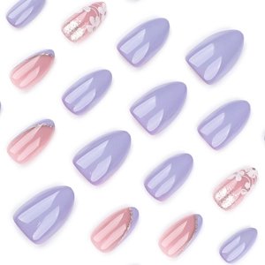 French purple almond press-on nails with white floral patterns and silver glitter trim