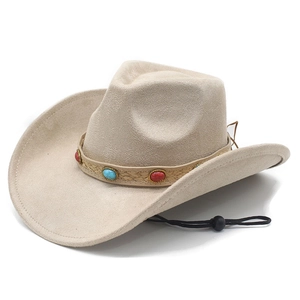 Classic beige suede western cowboy hat with bohemian turquoise band and windproof cord
