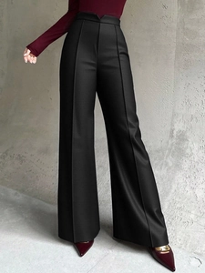 Damen High Waist Weites Bein Anzughose V-Ausschnitt Taille Plissee Gerade Hose Büro Commuter Solid Schwarz