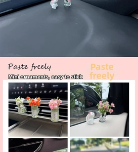 Mini car dashboard vases with colorful flowers and small white rabbit decorative ornament