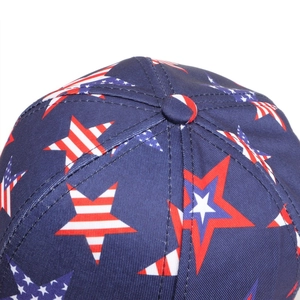 Close-up of American flag star and stripe pattern on durable blue baseball cap fabric