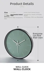 Detail of 12-inch forest green wall clock with silent movement and metal aluminum frame
