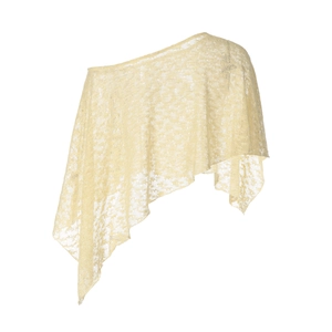 Detail view of cream crochet lace shawl showing intricate mesh texture and asymmetrical hem