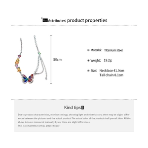 Detailed spec sheet for stainless steel butterfly necklace with dimensions and weight