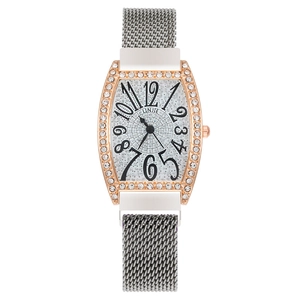 Women's rose gold tonneau watch with rhinestone bezel and magnetic Milanese strap