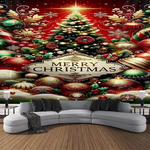 Detail of red Christmas tapestry with decorated tree and Merry Christmas typography