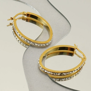Minimalist 18k gold plated stainless steel oval hoop earrings with sparkling crystals