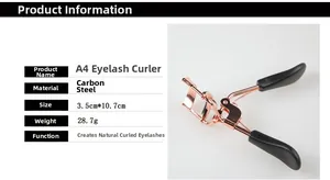 Detailed specs of the rose gold carbon steel eyelash curler with size and weight info