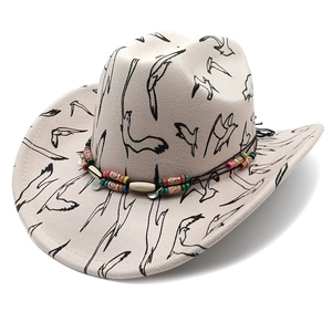 Western Cowboy Hat Polyester Bird Print Wide Upturned Brim Ethnic Bead Band Bohemian Outdoor Sun Hat