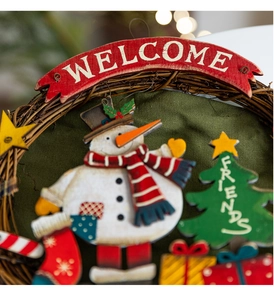 Detail of Christmas wreath with snowman, welcome sign and festive fabric decorations