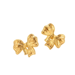 Elegant gold bow earrings in minimalist stainless steel shown on a clean white background