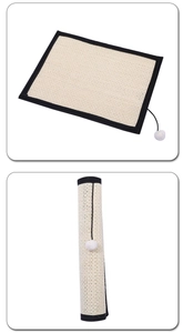 Detailed sisal cat scratching mat with black borders and a white plush toy ball accessory