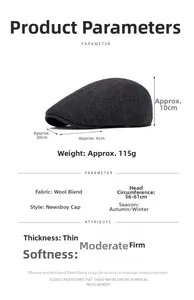 Detailed size specifications for wool blend ivy cap with dimensions and 56-61cm head size