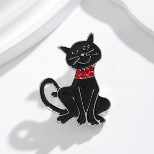 Halloween black cat brooch with green rhinestone eyes and red enamel collar jewelry