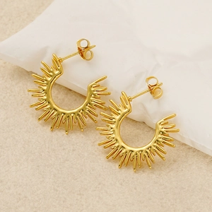 Radiant Sunburst C Shaped Earrings 18K Gold Plated Stainless Steel Geometric Spiky Chic Trendy Jewelry For Women