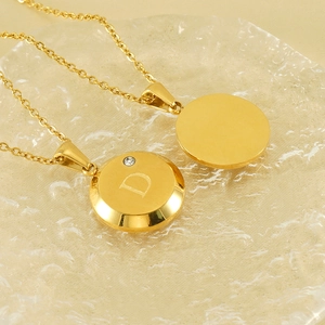 Golden 18K stainless steel round pendant necklace with letter D and zircon crystal