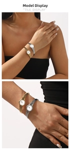 Detail of minimalist gold and silver quartz watches with textured metal chain straps