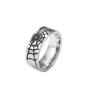 Minimalist silver 316L titanium steel ring with black spider web pattern on white background