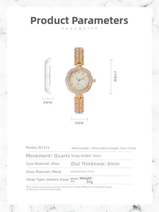 Guide détaillé des dimensions de la montre florale M1216 avec strass et bracelet métal