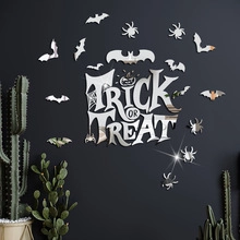 3D mirror Halloween wall stickers featuring bats, spiders and Trick or Treat text decor
