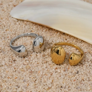Minimalist gold and silver teardrop open rings in high-polished stainless steel