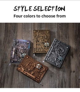 Close-up of 3D embossed PU leather notebook covers with vintage armor and sword designs