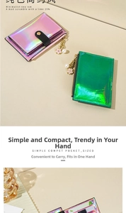 Detail of slim holographic laser card holders with pearl flower charms and multi-card slots