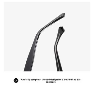 Dettaglio delle aste curve antiscivolo ergonomiche per occhiali da sole neri di qualità