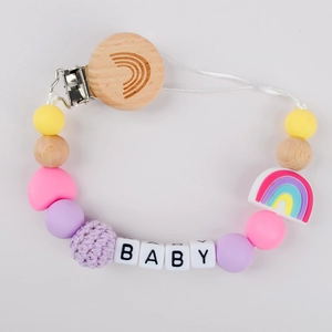 Rainbow beech wood pacifier clip with silicone beads and crochet yarn balls for babies