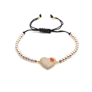 Three-tone beaded bracelet with sparkling heart charm and adjustable black cord