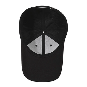 Inside view of black baseball cap showing reinforced 6-panel structure and stitching