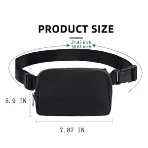 Waterproof nylon running waist bag with detailed product size and adjustable strap specs