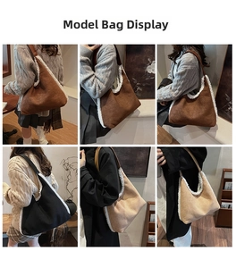 Collage of plush sherpa tote bags showing winter style shoulder bags in various colors