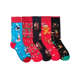 Five pack of Christmas cotton socks featuring dogs, whiskey bottles and festive patterns