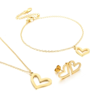 Elegant gold hollow heart jewelry set including necklace, bracelet and stud earrings
