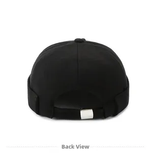 Back view of black cotton docker cap showing adjustable silver metal buckle strap
