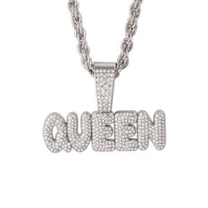 Silver iced out Queen pendant necklace with sparkling rhinestones and twist chain link
