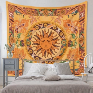 Bohemian sun and moon tapestry in warm orange tones for bedroom wall decoration