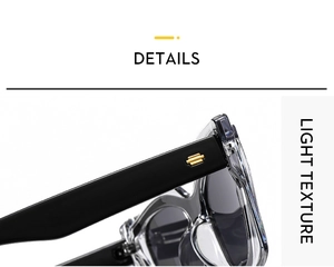 Detail of square sunglasses with translucent grey frame and gold logo on black temple