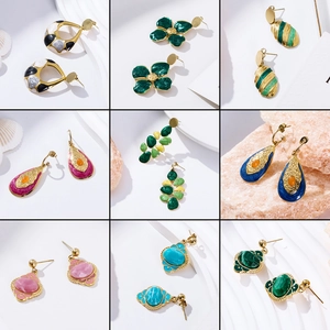 Vintage Stainless Steel Gold Plated Enamel Leaf Earrings For Women Geometric Drip Glaze Floral Drop Stud Earrings Jewelry