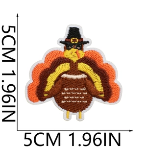 Close-up of 5cm Thanksgiving turkey pilgrim hat embroidery patch with 1.96in size labels