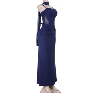 Detail of navy bodycon maxi dress featuring sheer mesh side panels and side ruching