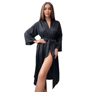 Women's black leopard satin bathrobe with long sleeves and tie waist in sleek silk style