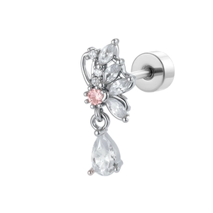 Silver titanium steel flower ear stud with pink and clear crystals and screw back